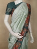 Soft Sage Mint Green Floral Thread Embroidered Design Semi Tussar Saree with Contrast Floral Border