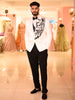 Soft White Motif Beaded Embroidered Design Satin Men's Suit with Contrast Black