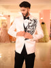 Soft White Motif Beaded Embroidered Design Satin Men's Suit with Contrast Black