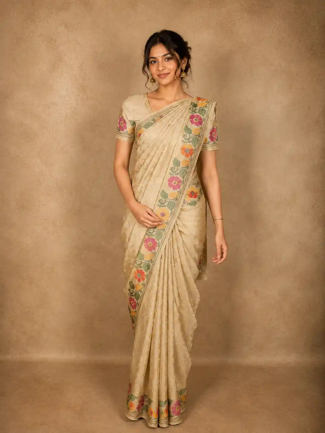 Soft Antique Ivory Beige Floral Zari Woven Design Pure Banarasi Saree with Floral Border