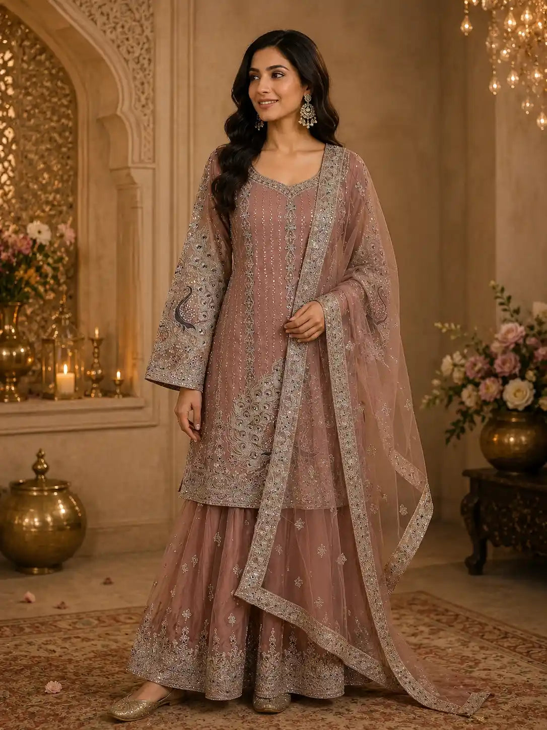 Soft Antique Taupe Brown Peacock Zari Embroidered Design Georgette Palazzo Suit with Dupatta