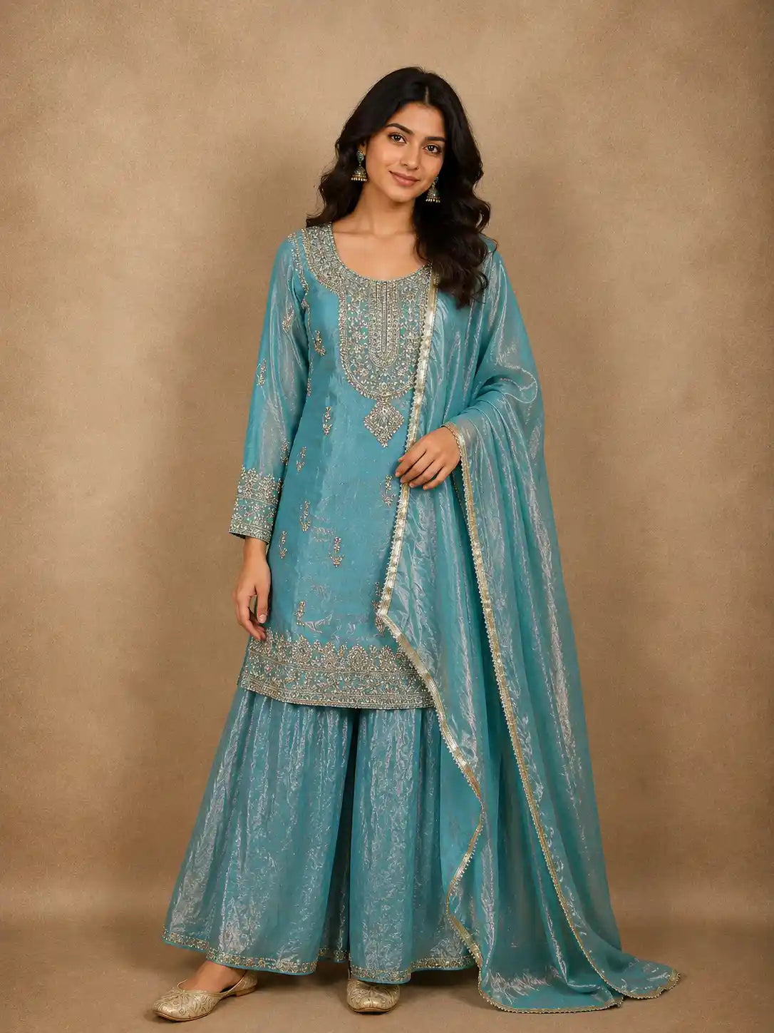 Soft Aqua Blue Floral Zari Embroidered and Stone Embellished Design Organza Palazzo Suit with Dupatta