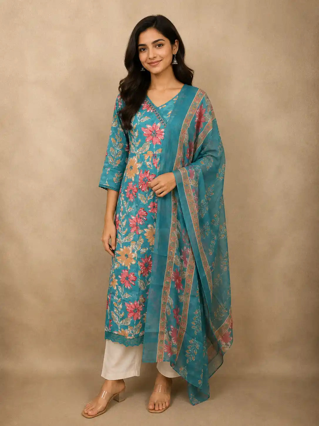Soft Aqua Teal Blue Floral Printed Design Cotton Anarkali Salwar Suit with Dupatta
