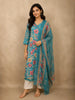 Soft Aqua Teal Blue Floral Printed Design Cotton Anarkali Salwar Suit with Dupatta