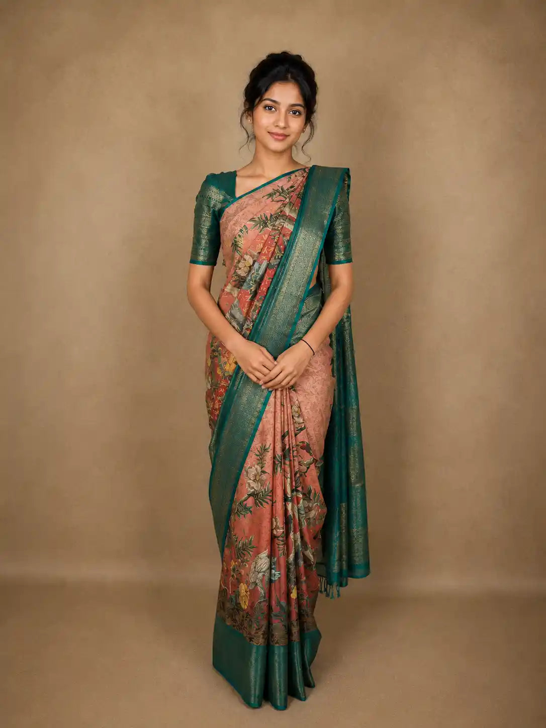 Soft Blush Peach Floral Woven Design Pure Kanchipuram Silk Saree with Contrast Zari Border