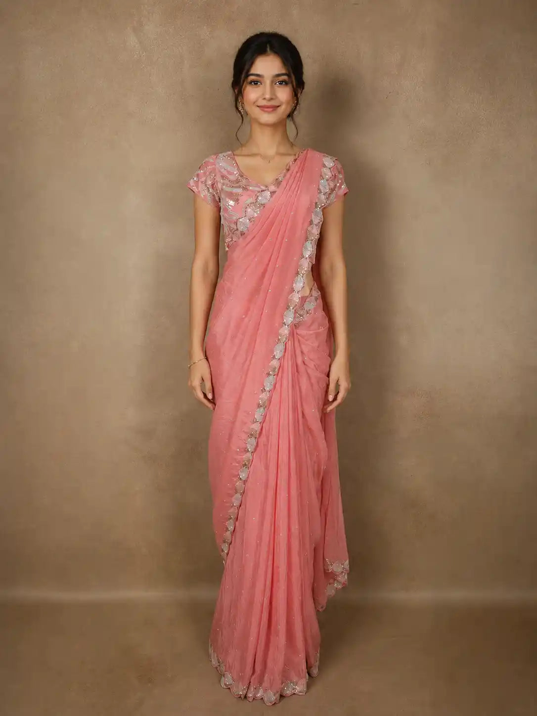Soft Blush Peach Pink Heavy Sequins and Beads Embroidered Design Satin Saree with Matching Blouse