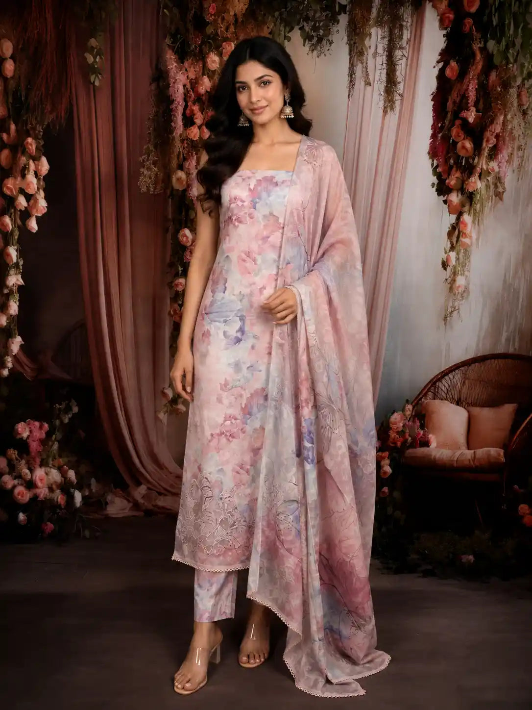 Soft Blush Pink Abstract Printed Design Cotton Unstitched Salwar Material with Dupatta