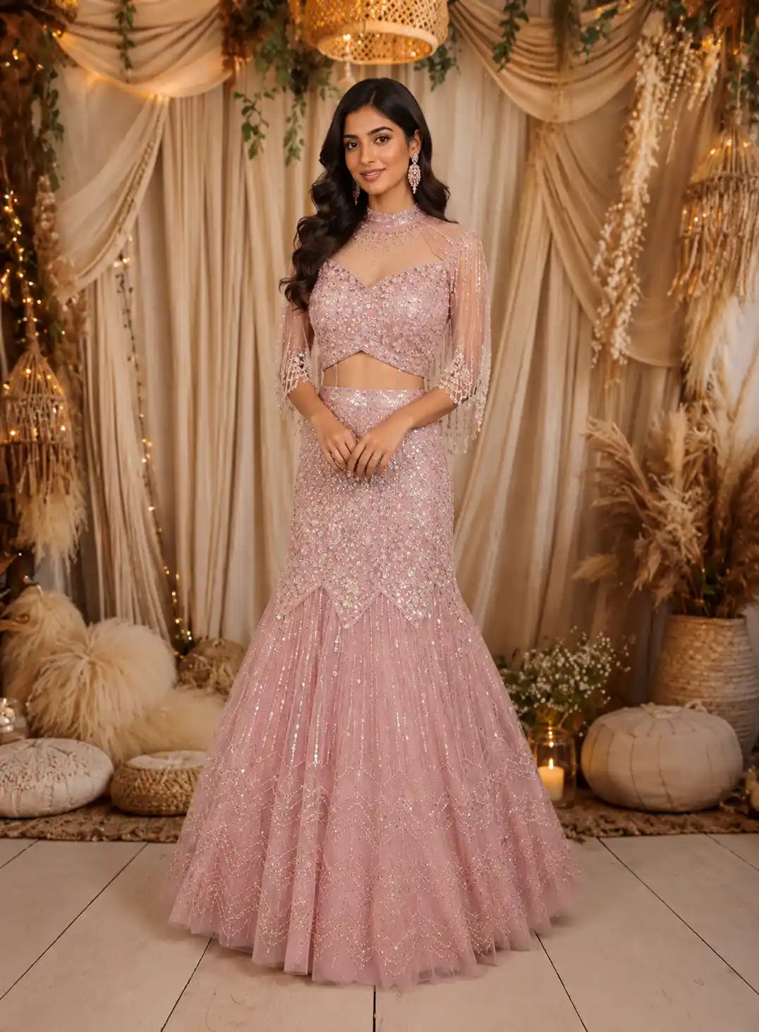Soft Blush Pink Heavy Sequins Embroidered Design Mermaid Net Lehenga with Cape