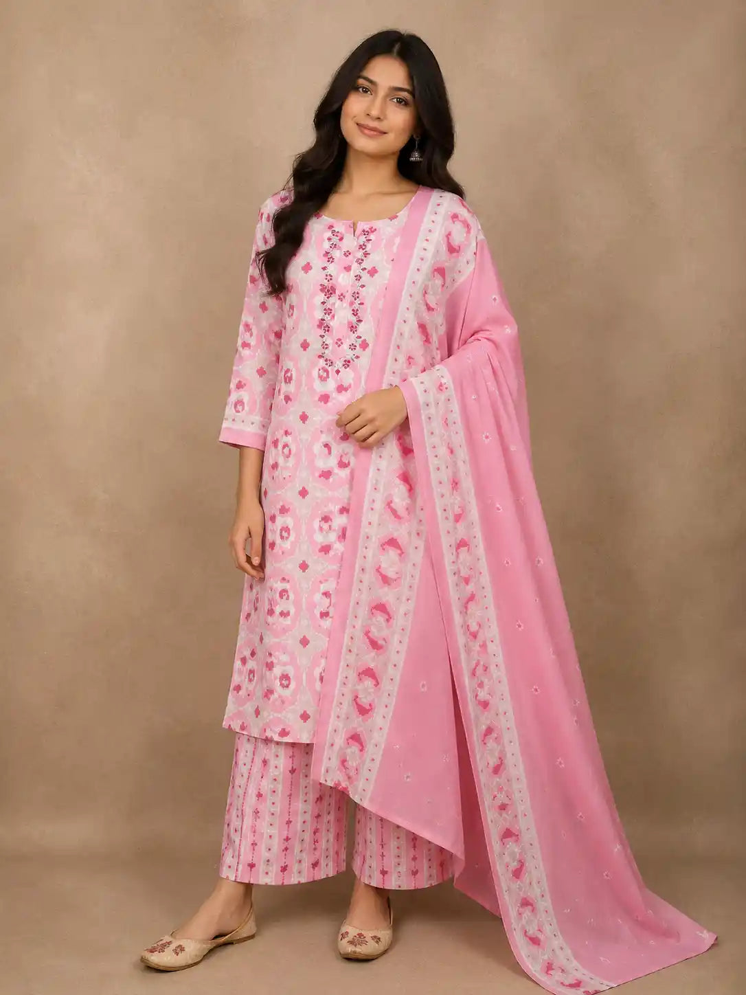 Soft Blush Pink Ikat Printed Design Cotton Straight Cut Salwar Suit with Dupatta
