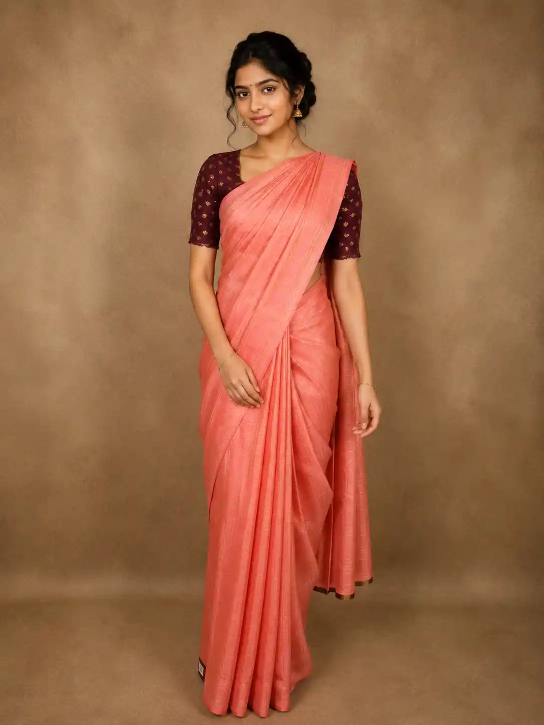 Soft Coral Peach Checked Zari Woven Design Pure Kanchipuram Silk Saree