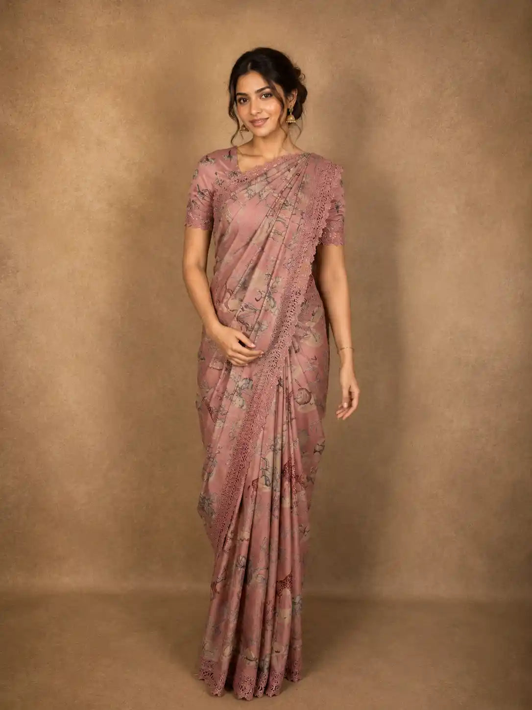 Soft Dusty Pink Animal and Birds Motif Design Tussar Saree with Floral Border