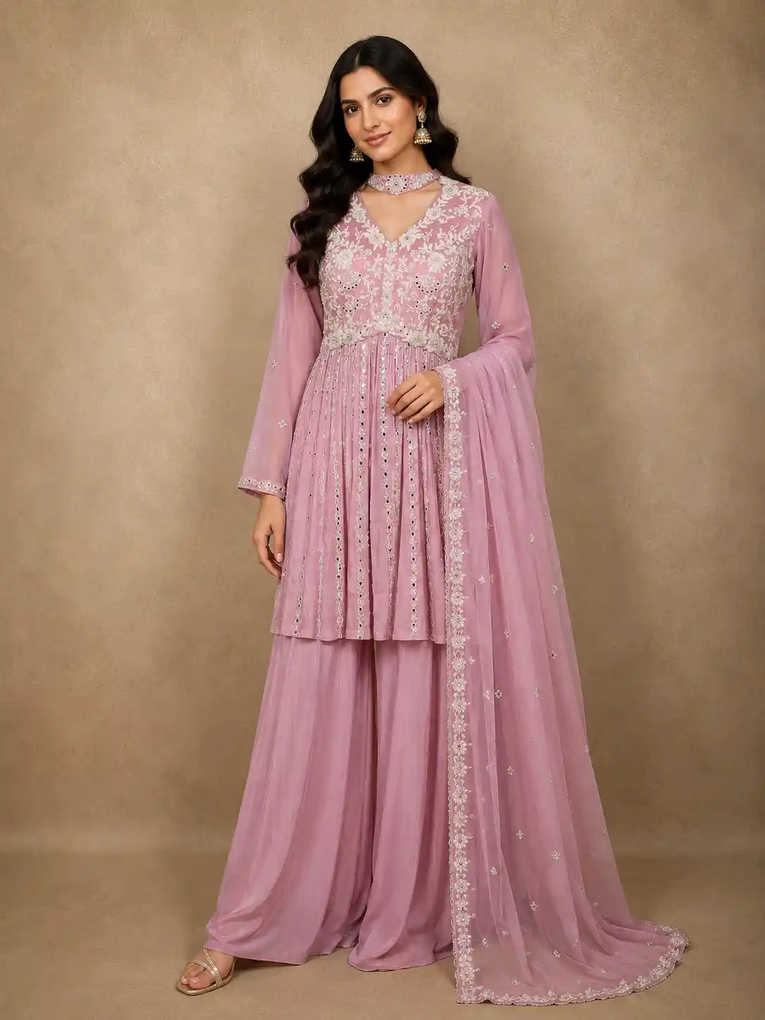Soft Dusty Rose Pink Floral Beads Embroidered Design Georgette Peplum Palazzo Suit