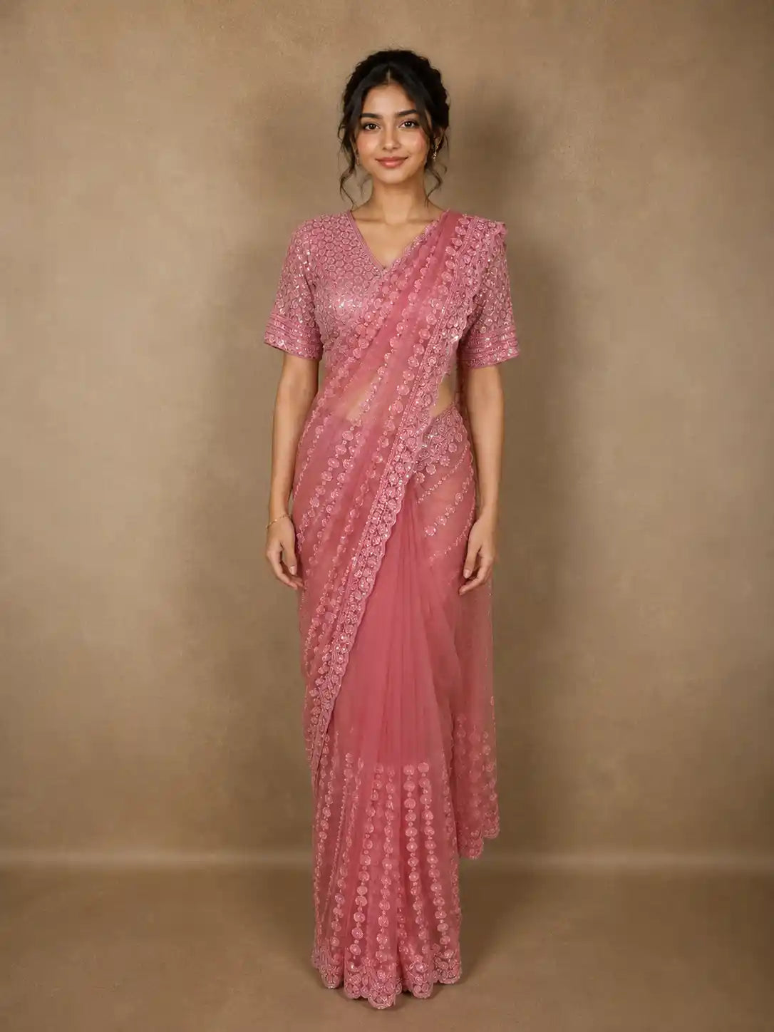 Soft Dusty Rose Pink Heavy Sequins and Beads Embroidered Design Net Designer Saree with Blouse