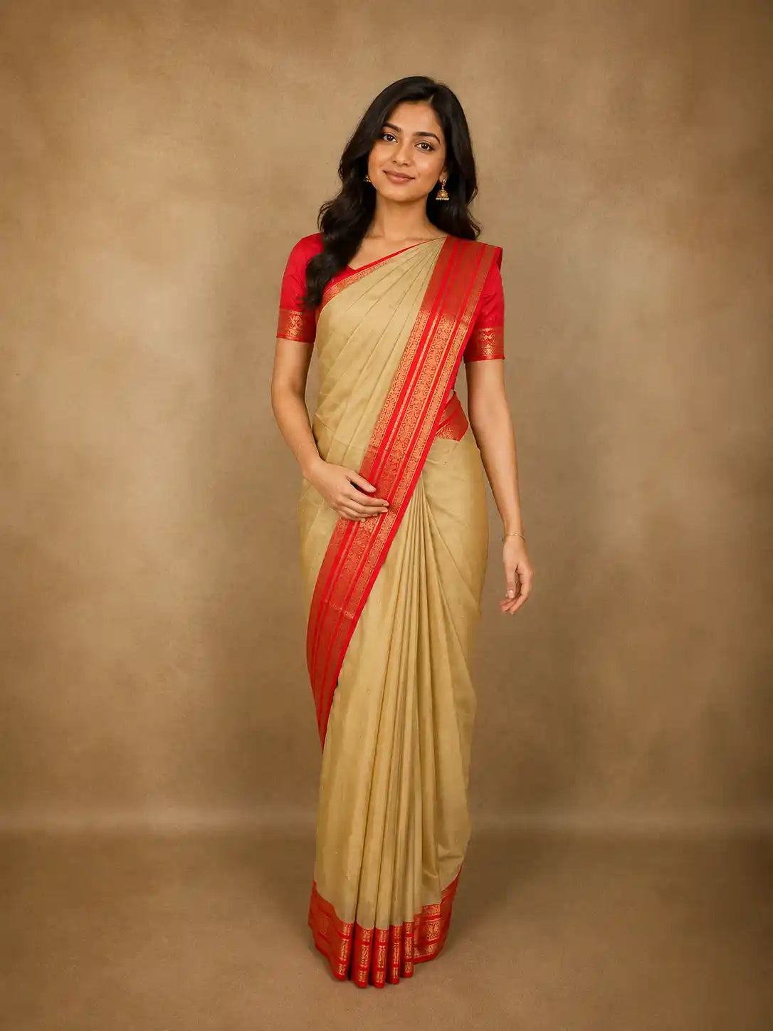 Soft Golden Beige Butta Zari Woven Design Pure Kanchipuram Silk Saree with Contrast Zari Border