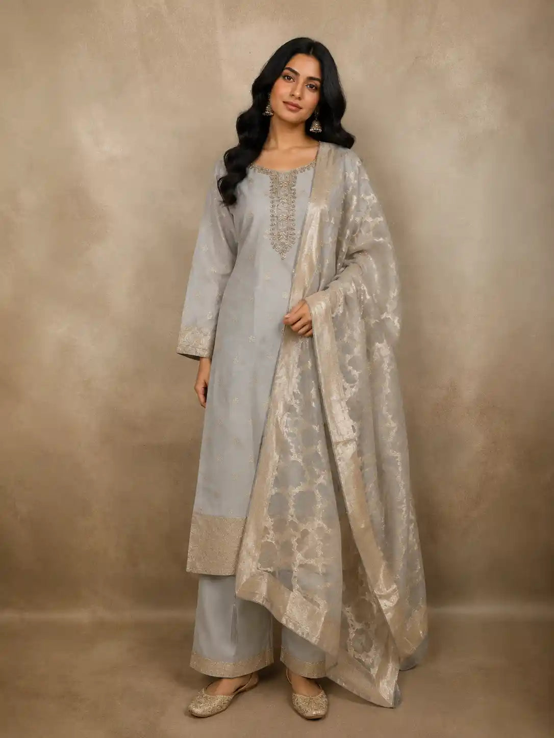 Soft Grey Floral Zari Woven Design Organza Straight Cut Salwar Suit with Dupatta