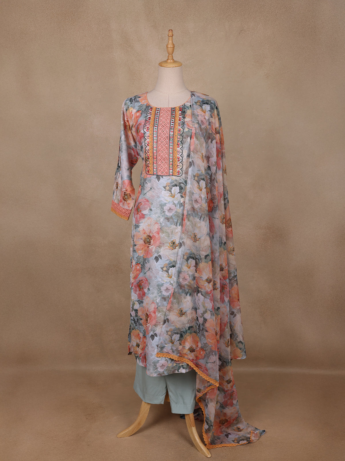 Soft Grey Multi-Floral Printed Straight Cut Salwar Suit - Diadem