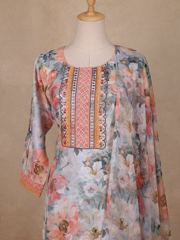 Soft Grey Multi-Floral Printed Straight Cut Salwar Suit - Diadem