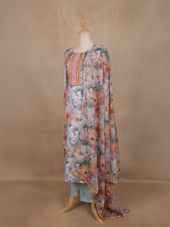 Soft Grey Multi-Floral Printed Straight Cut Salwar Suit - Diadem