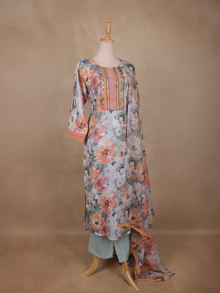Soft Grey Multi-Floral Printed Straight Cut Salwar Suit - Diadem