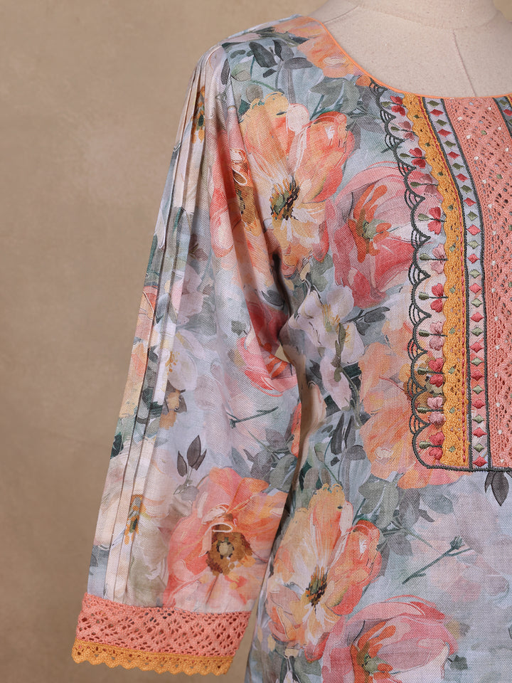 Soft Grey Multi-Floral Printed Straight Cut Salwar Suit - Diadem