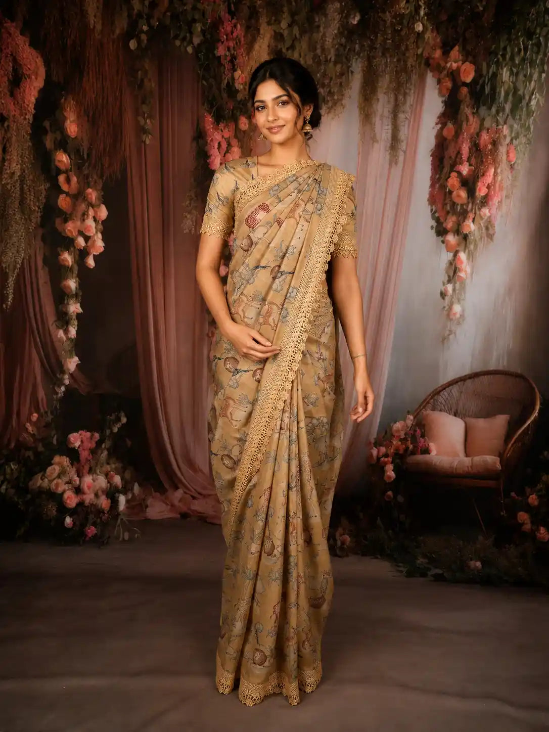 Soft Honey Beige Animal and Birds Motif Design Tussar Saree with Floral Border