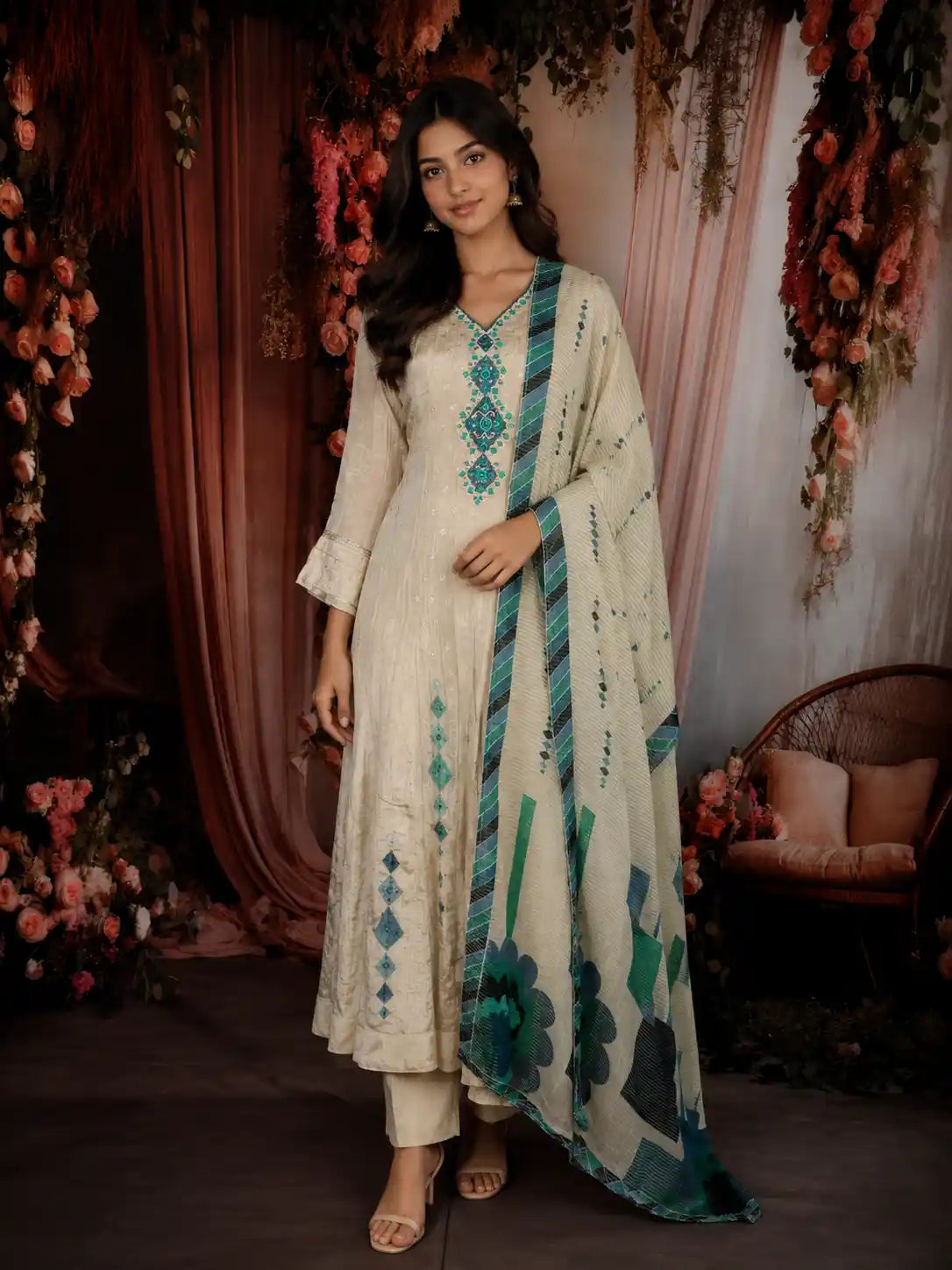 Soft Ivory Butta Zari Woven Design Tissue Silk Salwar Suit with Dupatta
