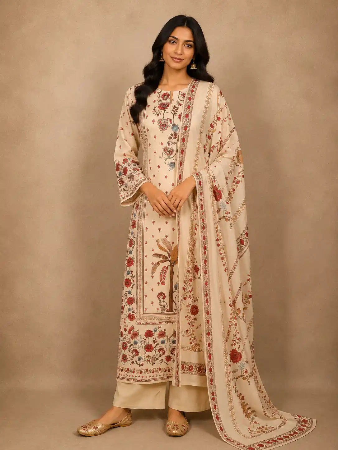 Soft Ivory Cream Floral Printed Design Cotton Straight Cut Salwar Suit with Dupatta