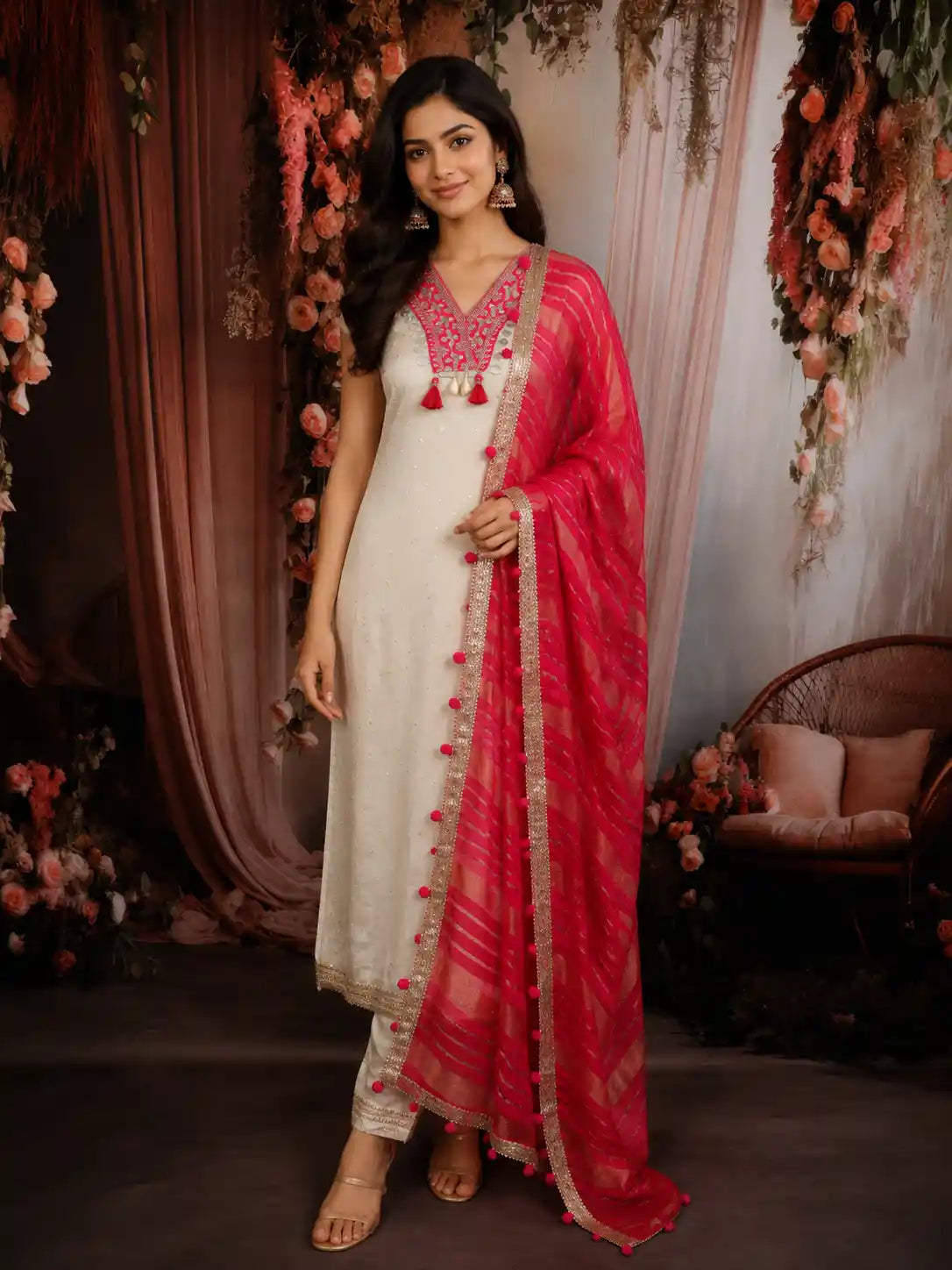 Soft Ivory Cream Mirror Embroidered Design Tissue Silk Unstitched Salwar Material with Contrast Dupatta