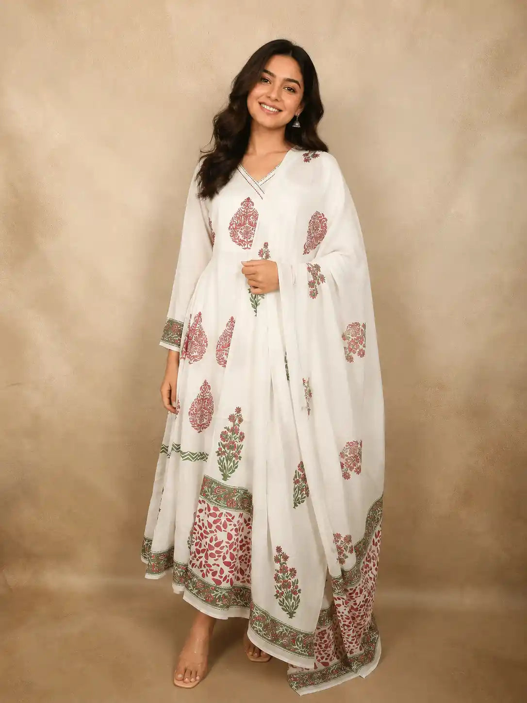 Soft Ivory Floral Printed Design Cotton Anarkali Salwar Suit with Dupatta