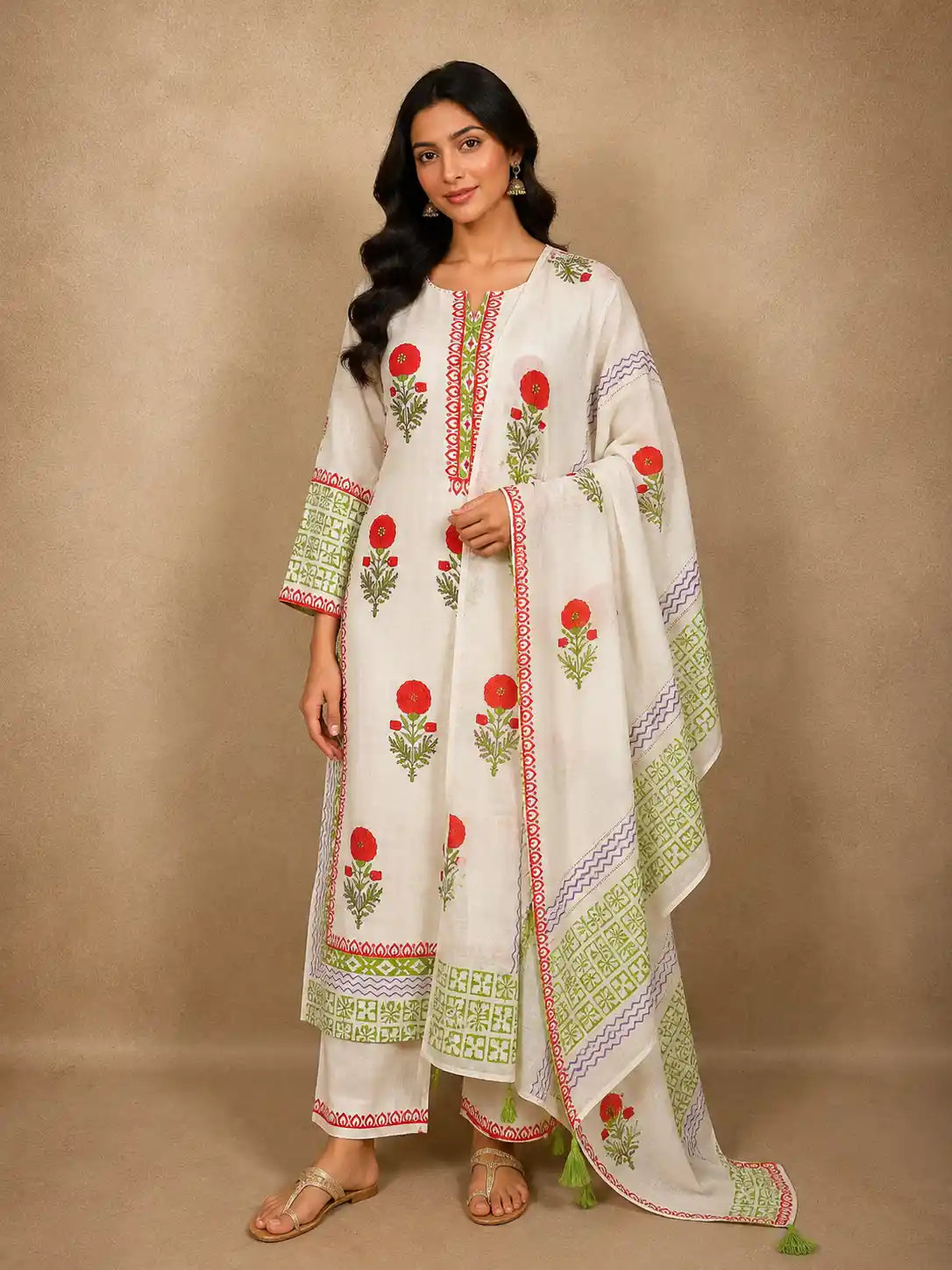 Soft Ivory Floral Printed Design Cotton Salwar Suit with Dupatta