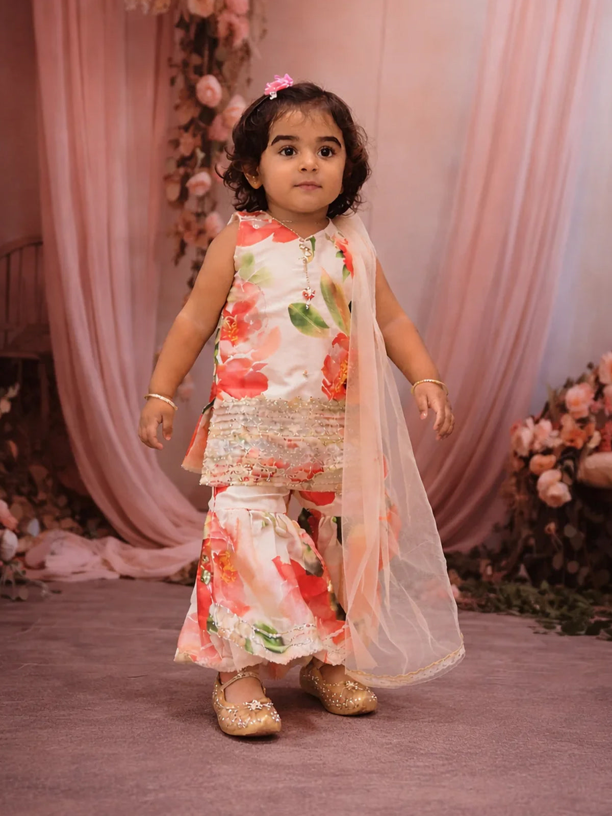 Soft Ivory Floral Printed and Sequins Embroidered Design Satin Kids Sharara Suit with Dupatta