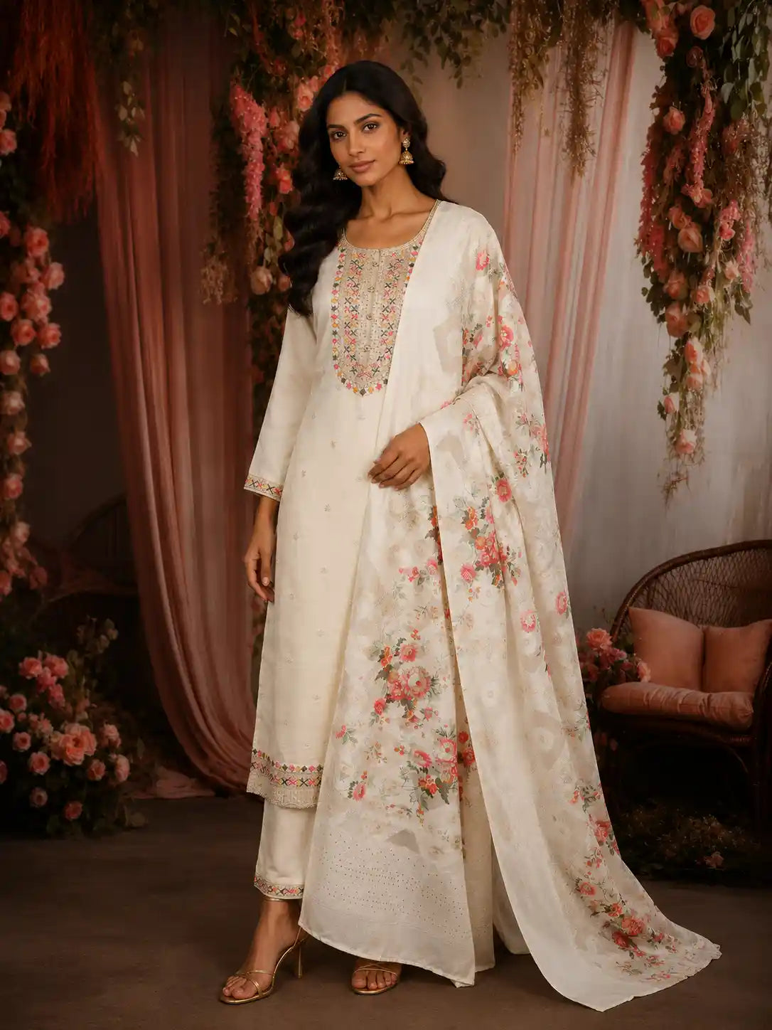 Soft Ivory Floral Thread Embroidered Design Georgette Salwar Suit with Dupatta