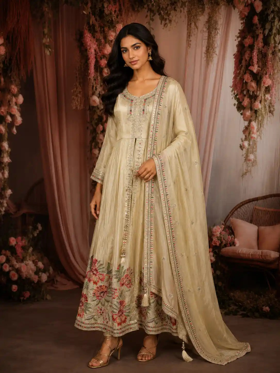 Soft Ivory Floral Thread and Sequins Embroidered Design Organza Mastani Palazzo Suit