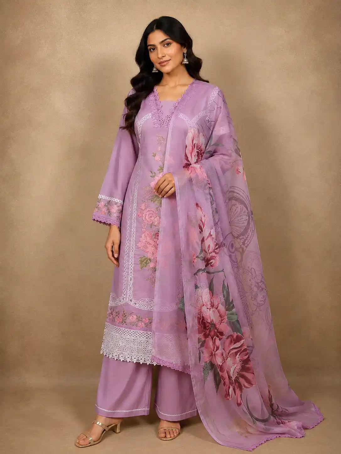 Soft Lilac Lavender Floral Thread Embroidered Design Cotton Salwar Suit with Dupatta