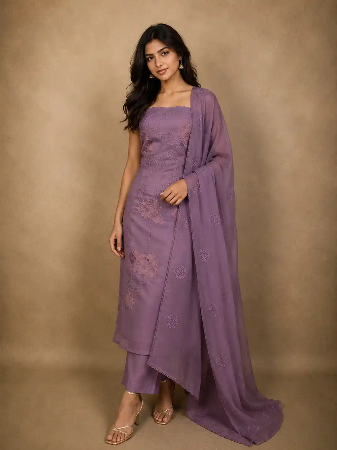 Soft Mauve Purple Floral Thread Embroidered Design Cotton Unstitched Salwar Material