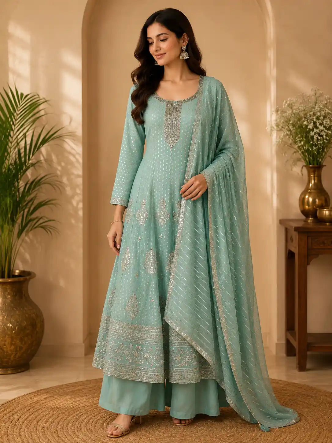 Soft Mint Aqua Green Floral Sequins Embroidered Design Tissue Banarasi Palazzo Suit with Dupatta