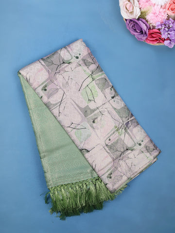 Soft Mint Green Abstract Leaf Geometric Print Soft Silk Saree - Diadem