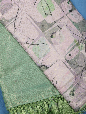 Soft Mint Green Abstract Leaf Geometric Print Soft Silk Saree - Diadem