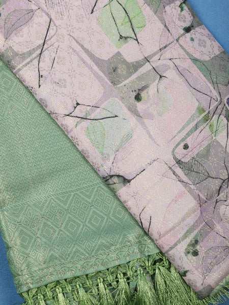 Soft Mint Green Abstract Leaf Geometric Print Soft Silk Saree - Diadem
