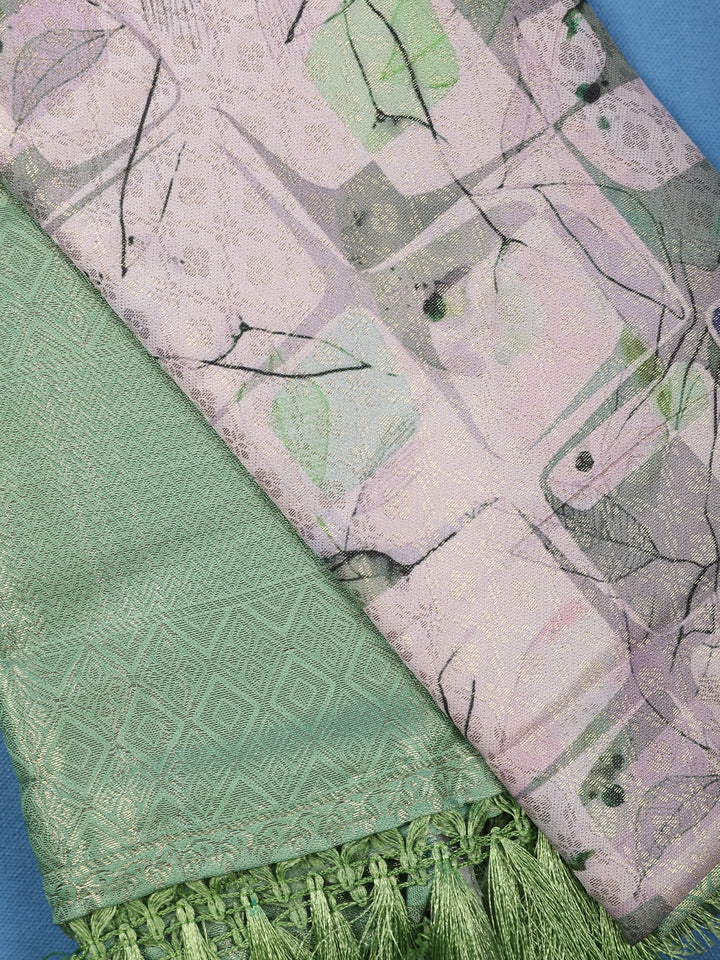 Soft Mint Green Abstract Leaf Geometric Print Soft Silk Saree - Diadem