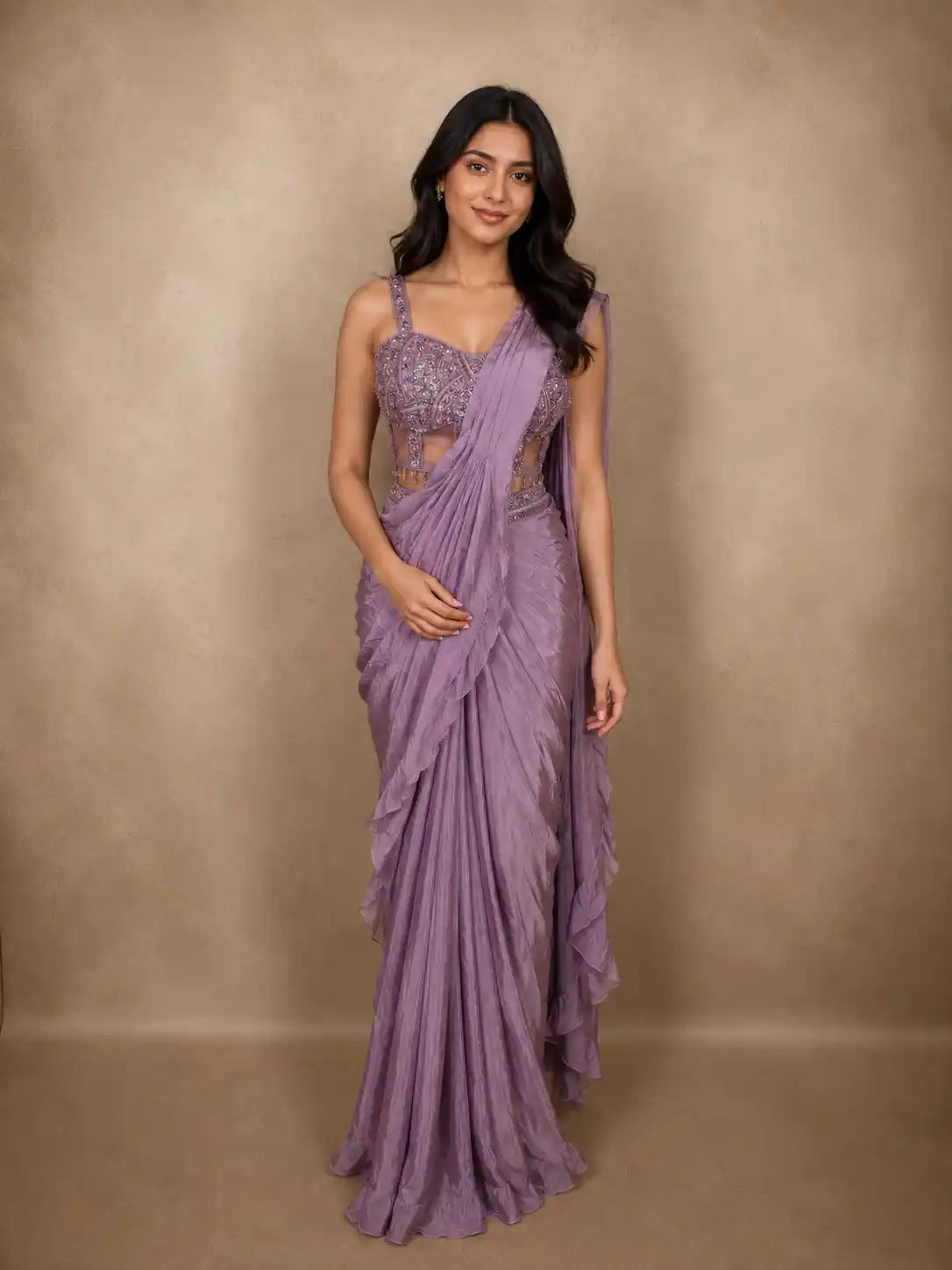Soft Muted Mauve Lavender Solid Design Satin Ready To Wear Saree with Designer Blouse
