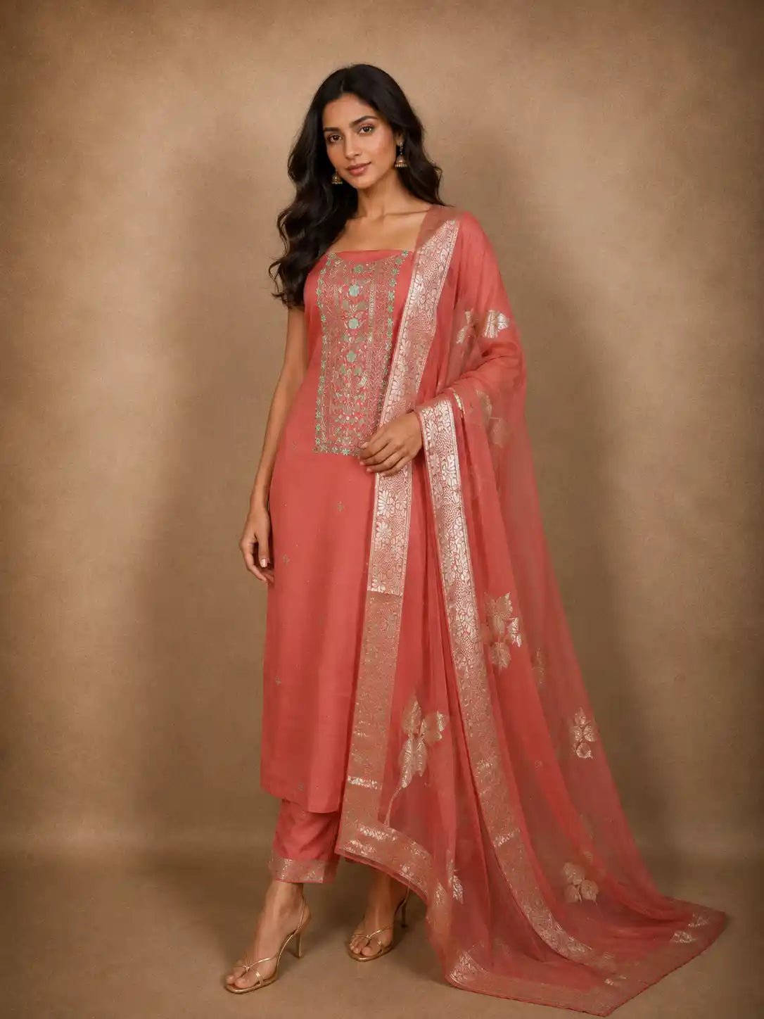 Soft Peach Floral Sequins and Zardozi Embroidered Design Tissue Unstitched Salwar Material with Dupatta