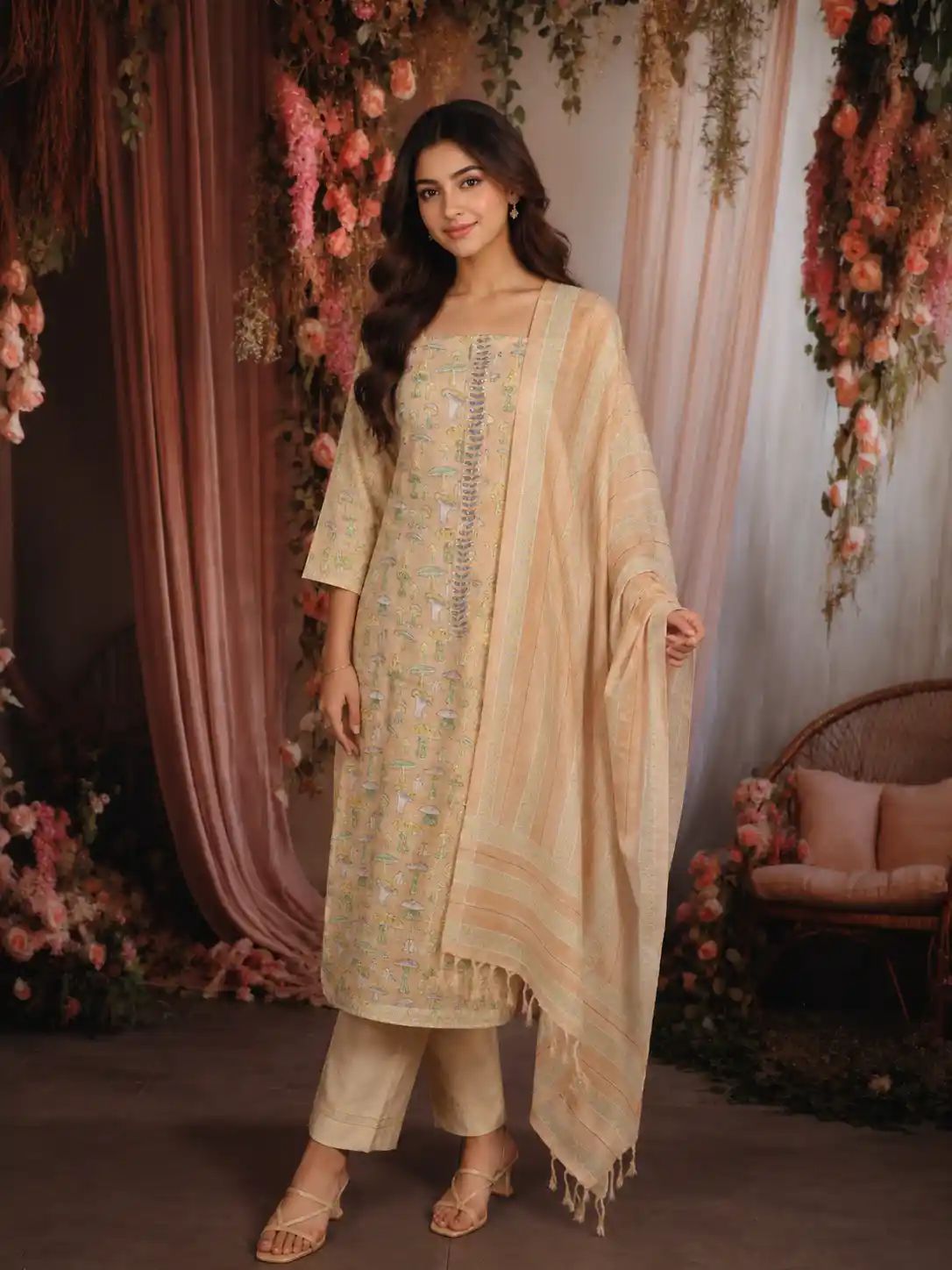 Soft Peach Nature Inspired Printed Design Cotton Unstitched Salwar Material with Dupatta