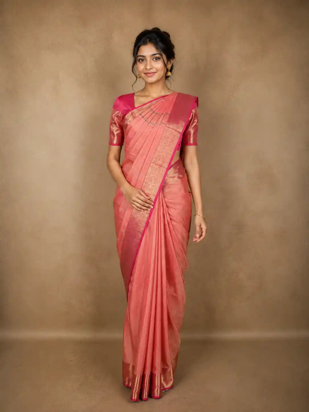 Soft Peach Pink Floral Zari Woven Design Pure Kanchipuram Silk Saree with Contrast Border