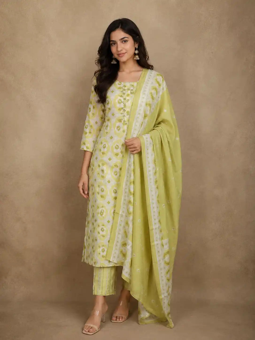 Soft Pistachio Green Ikat Printed Design Cotton Salwar Suit with Dupatta