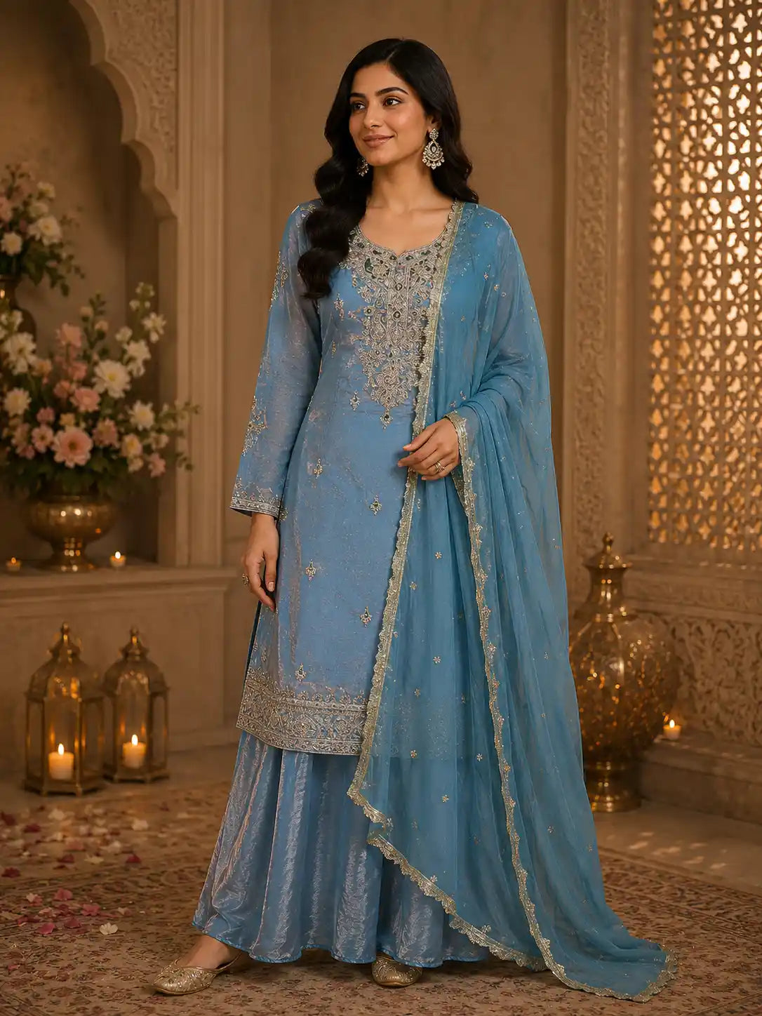 Soft Powder Blue Floral Beads Embroidered Design Organza Palazzo Suit with Dupatta