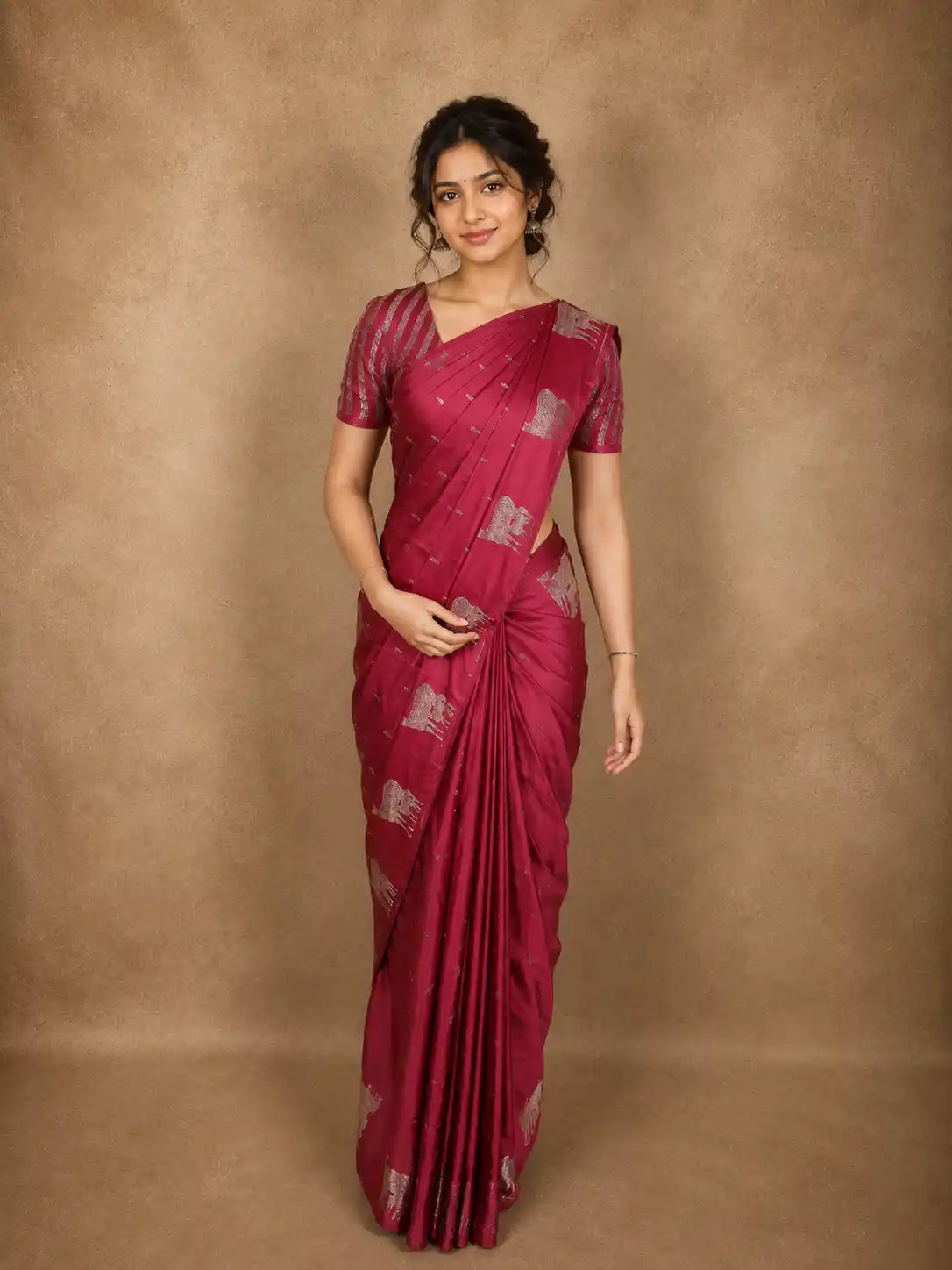 Soft Raspberry Rose Pink Floral Butta Zari Woven Design Semi Banarasi Saree with Animal Motif Border