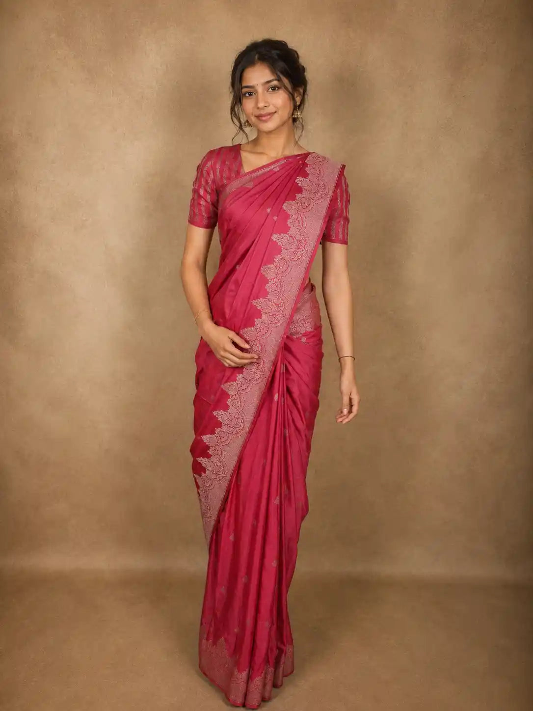 Soft Raspberry Rose Pink Floral Butta Zari Woven Design Semi Banarasi Saree with Zari Border