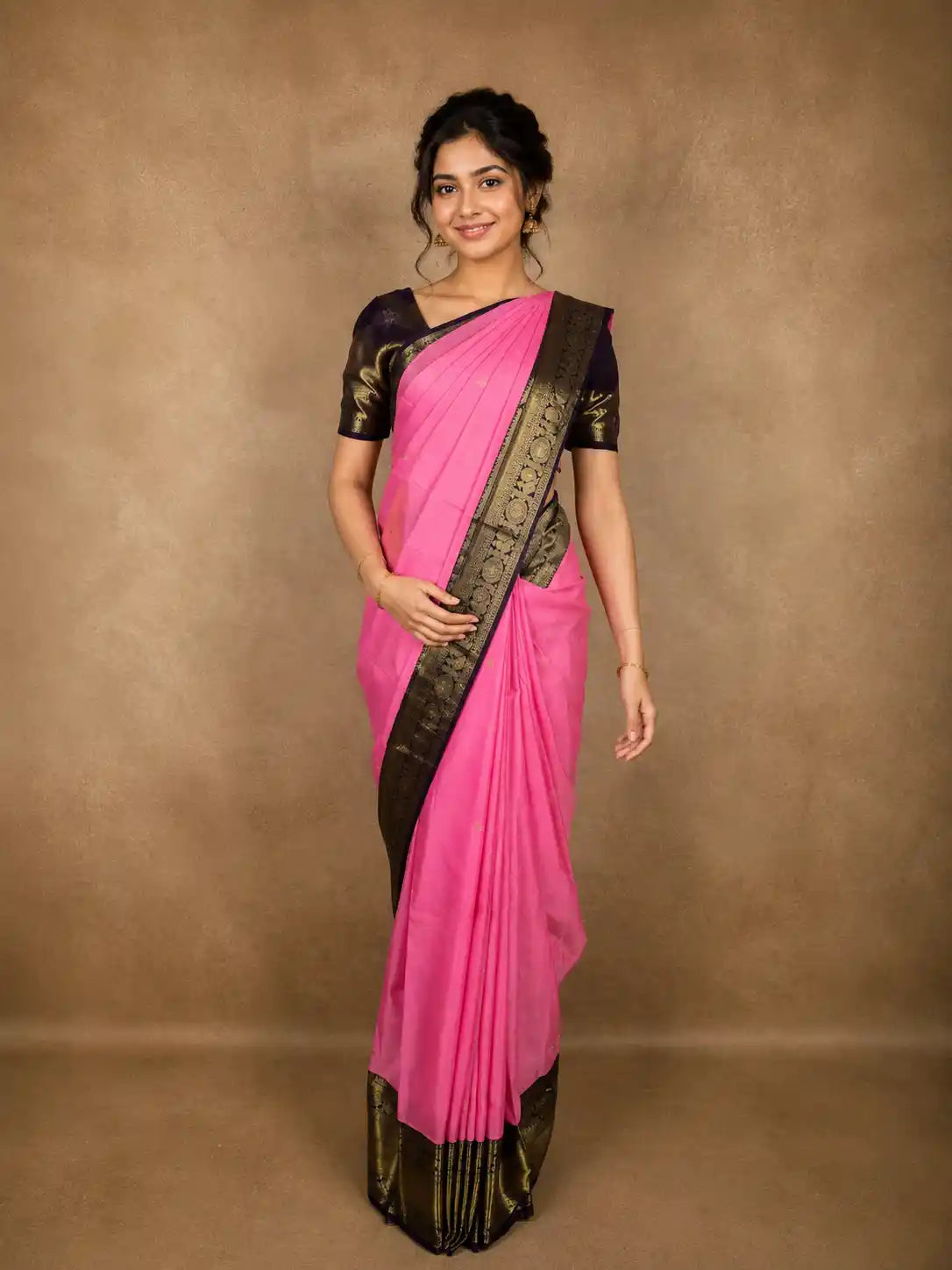 Soft Rose Pink Butta Zari Woven Design Pure Kanchipuram Silk Saree with Contrast Zari Border