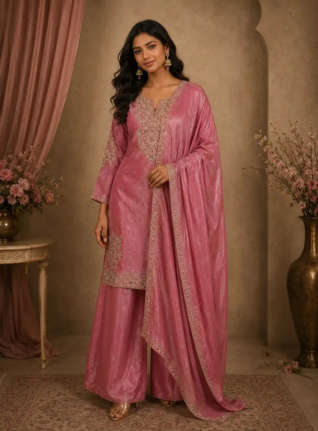 Soft Rosewood Pink Beads and Mirror Embroidered Design Organza Sharara Suit With Dupatta